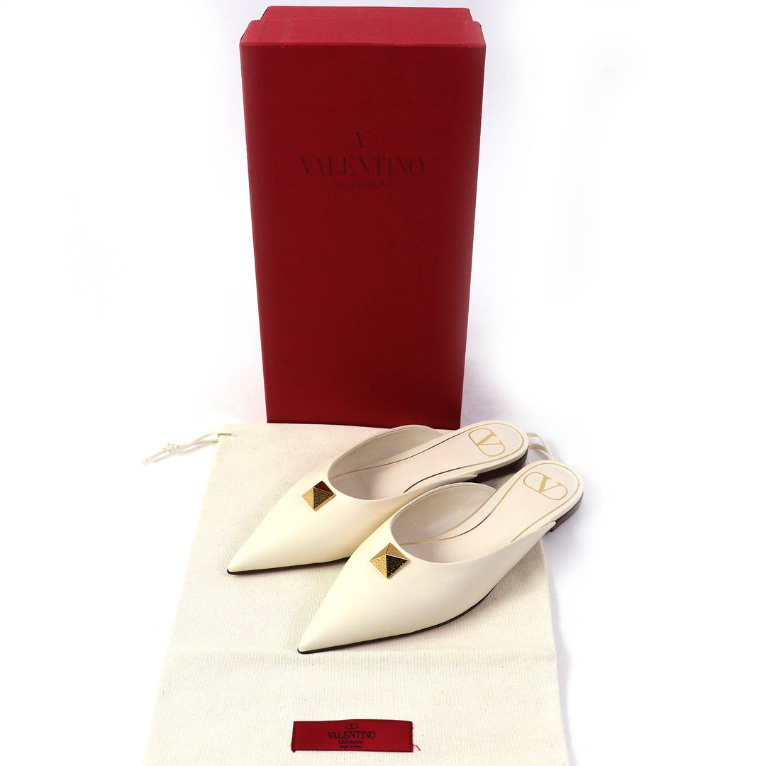 Pristine VALENTINO Sandals Rockstud Roman Stud Flat Mules Ivory leather Women 35