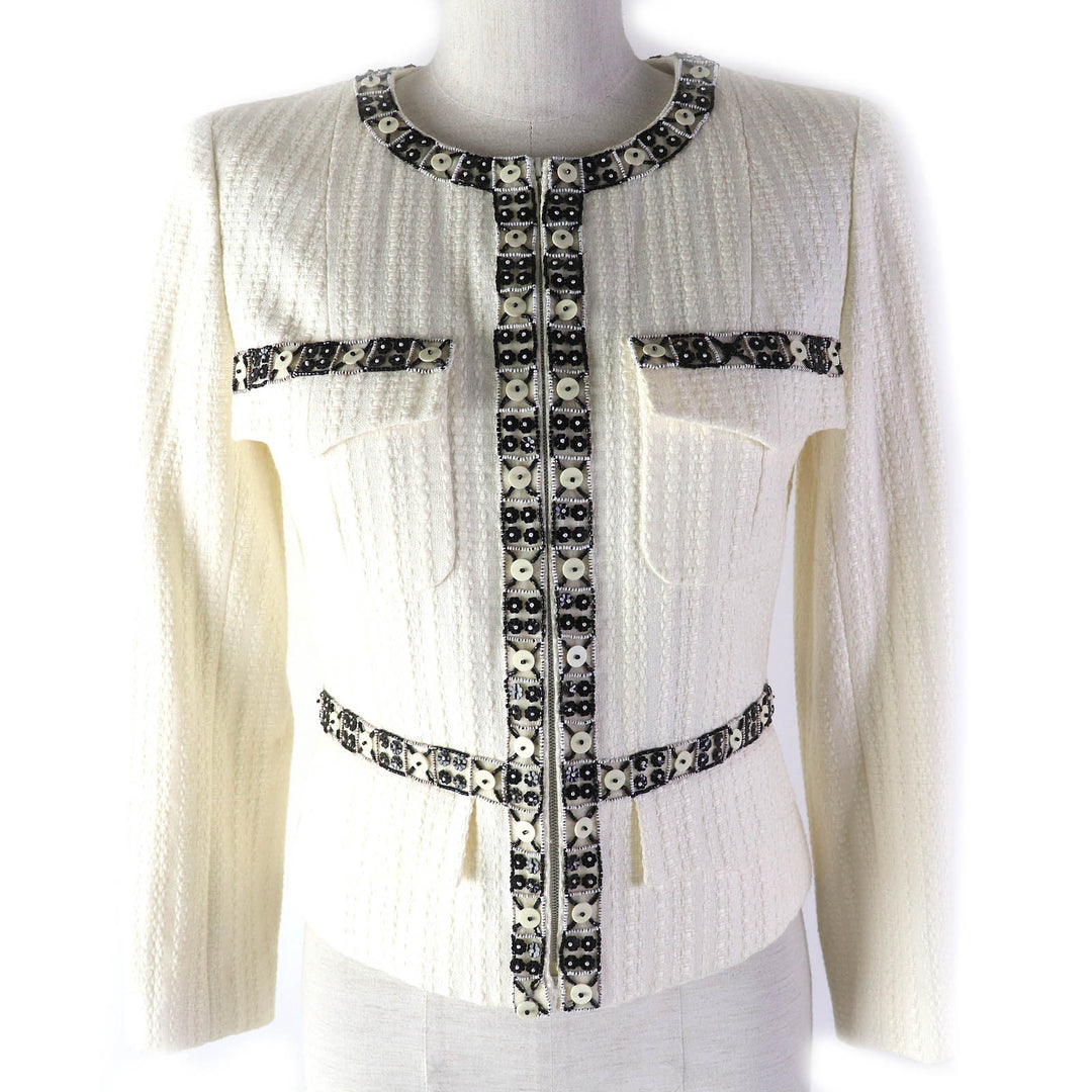 CHANEL collarless jacket COCO Mark motif Off-white black Women 34 03P P23760