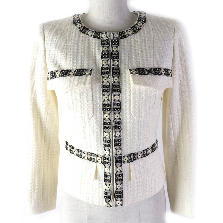 CHANEL collarless jacket COCO Mark motif Off-white black Women 34 03P P23760