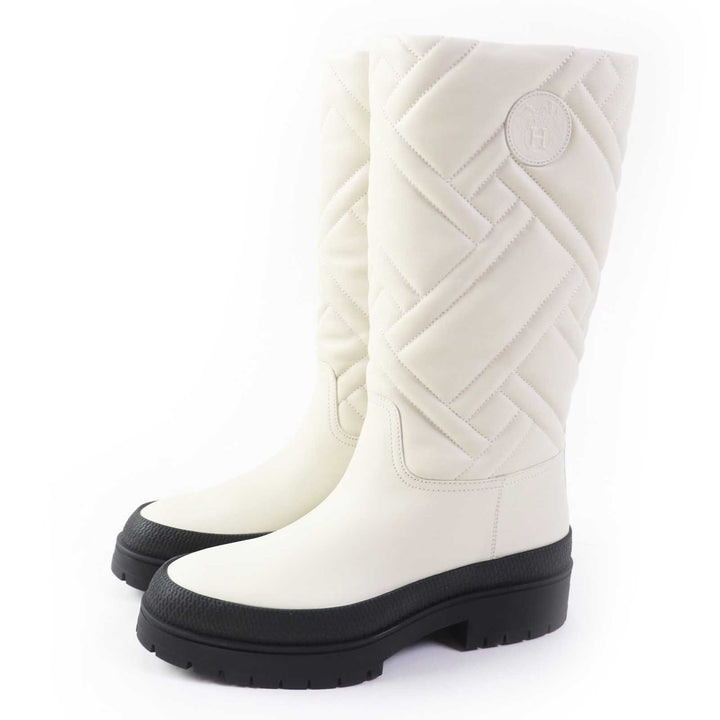 Pristine HERMES Knee-high boots FUJI Exlibris leather Light beige Black Women 36