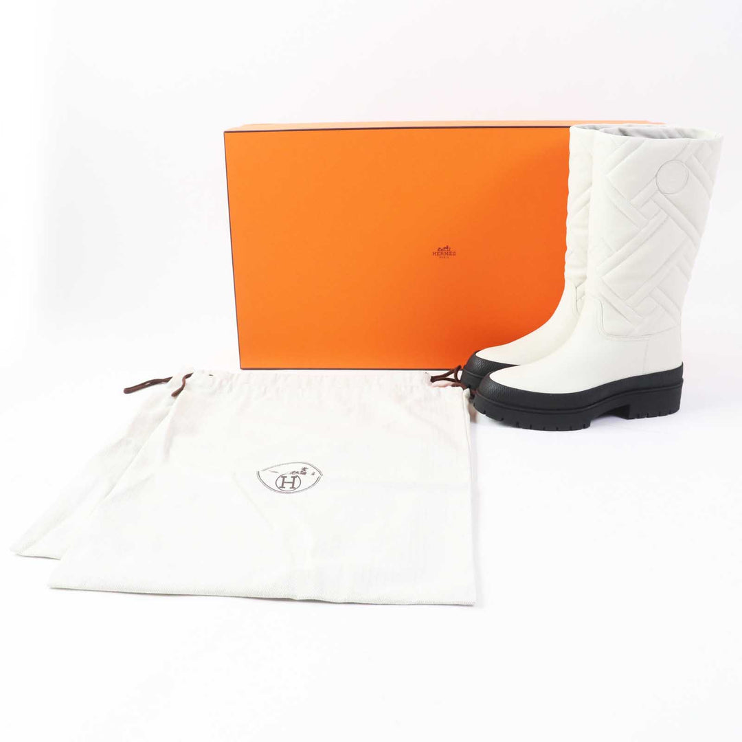 Pristine HERMES Knee-high boots FUJI Exlibris leather Light beige Black Women 36
