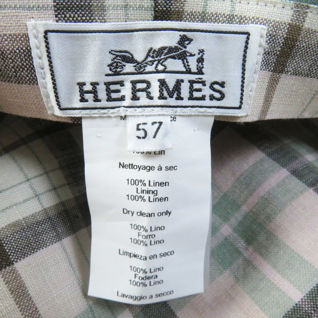 Excellent HERMES Casquette Paola Logo embroidery Check pattern lining khaki linen Women 57