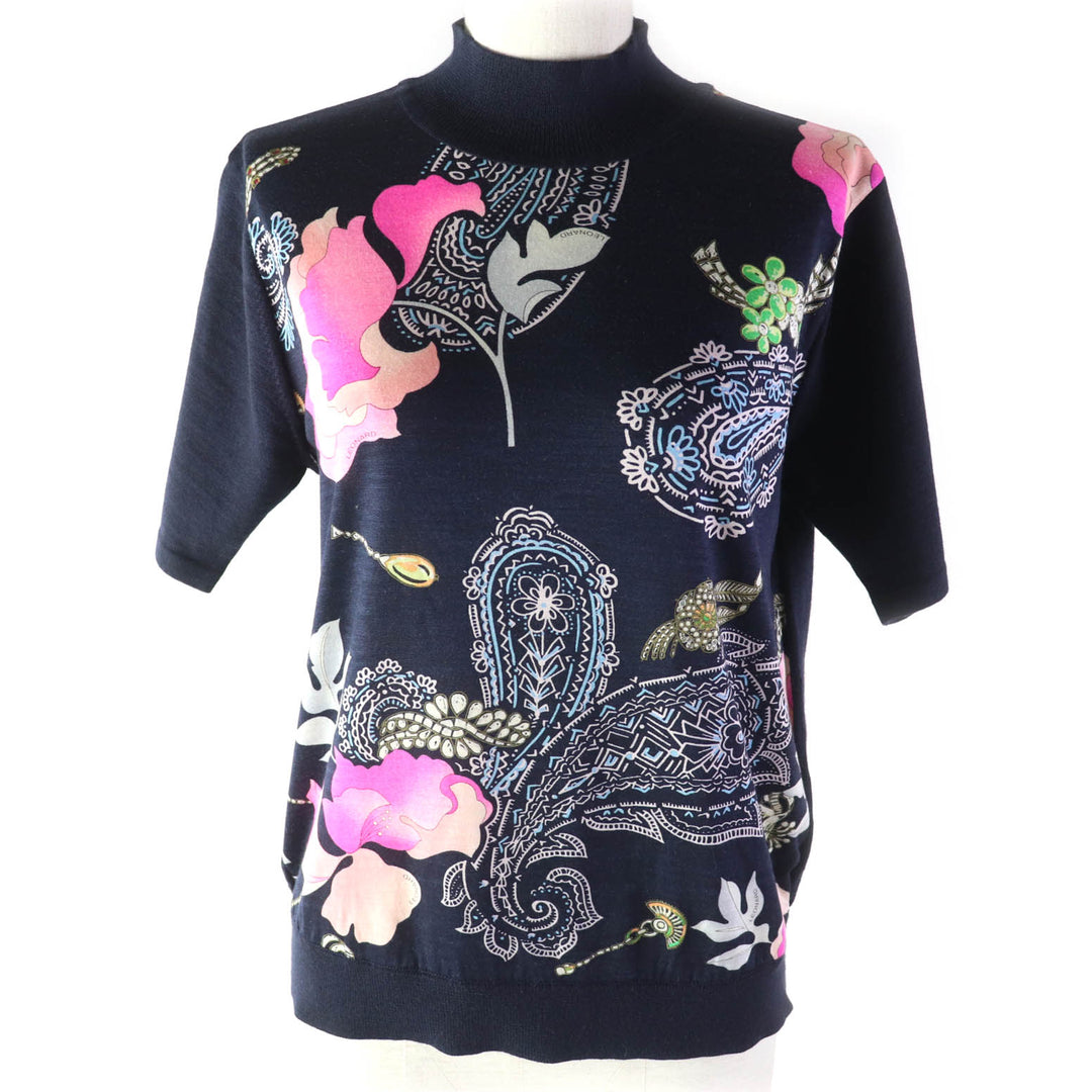 Great LEONARD FASHION Short sleeve knit Flower Paisley Pattern Silk Blend Wool High Neck Navy wool Women L