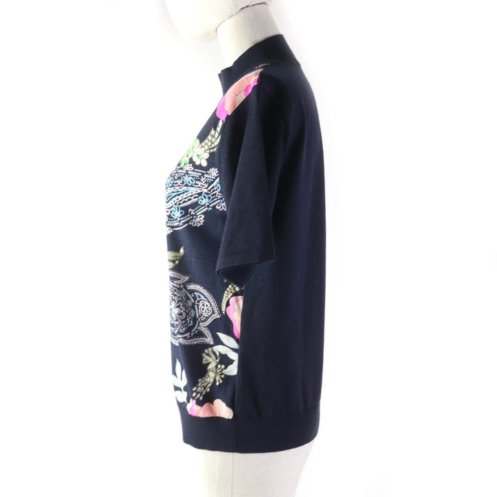 Great LEONARD FASHION Short sleeve knit Flower Paisley Pattern Silk Blend Wool High Neck Navy wool Women L