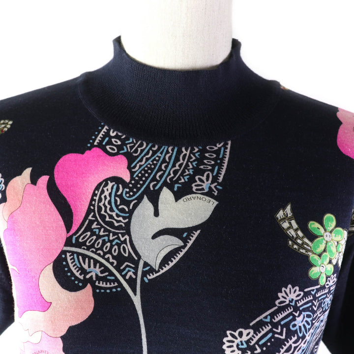Great LEONARD FASHION Short sleeve knit Flower Paisley Pattern Silk Blend Wool High Neck Navy wool Women L
