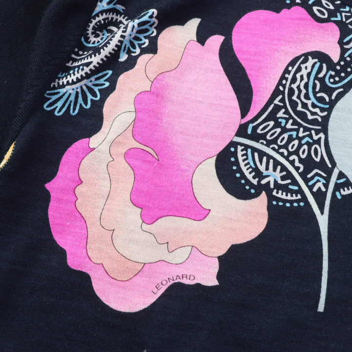 Great LEONARD FASHION Short sleeve knit Flower Paisley Pattern Silk Blend Wool High Neck Navy wool Women L