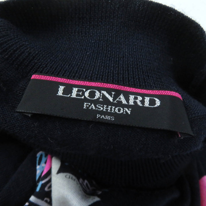 Great LEONARD FASHION Short sleeve knit Flower Paisley Pattern Silk Blend Wool High Neck Navy wool Women L