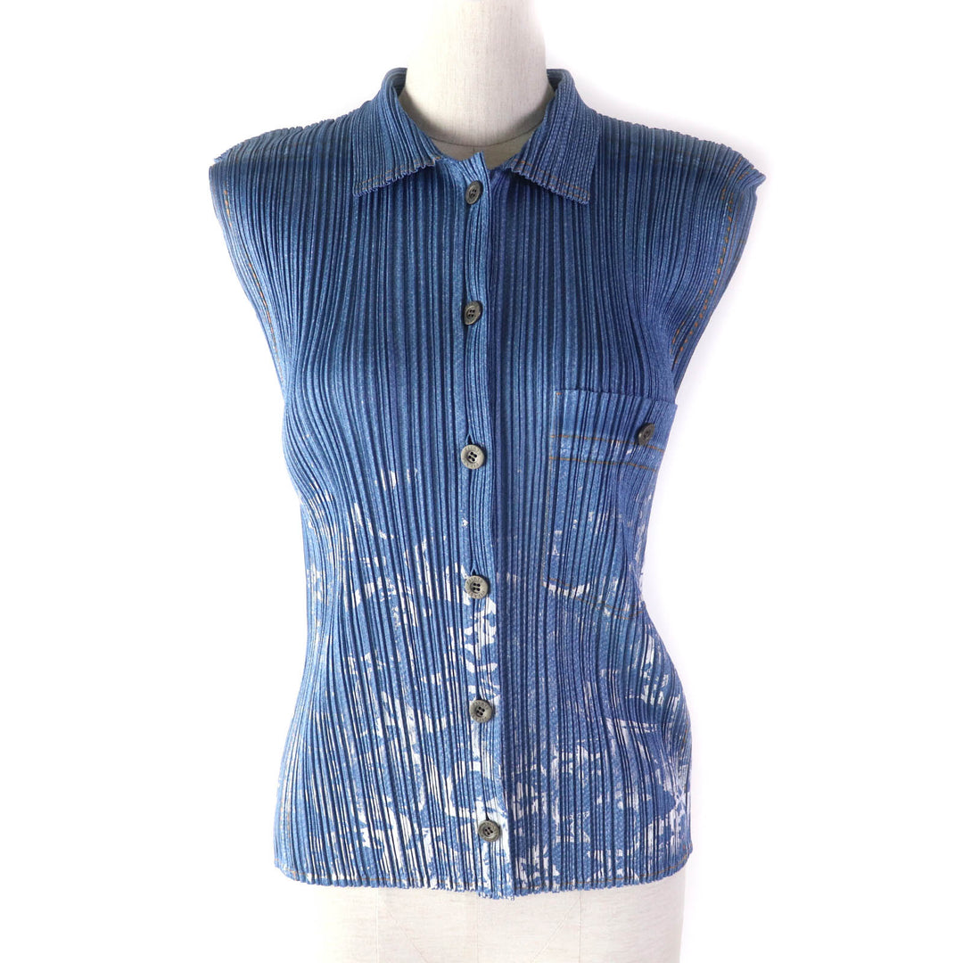 Excellent PLEATS PLEASE T-shirt Sleeveless shirt with denim transfer and logo button blue polyester Women 3 PP22-JE814