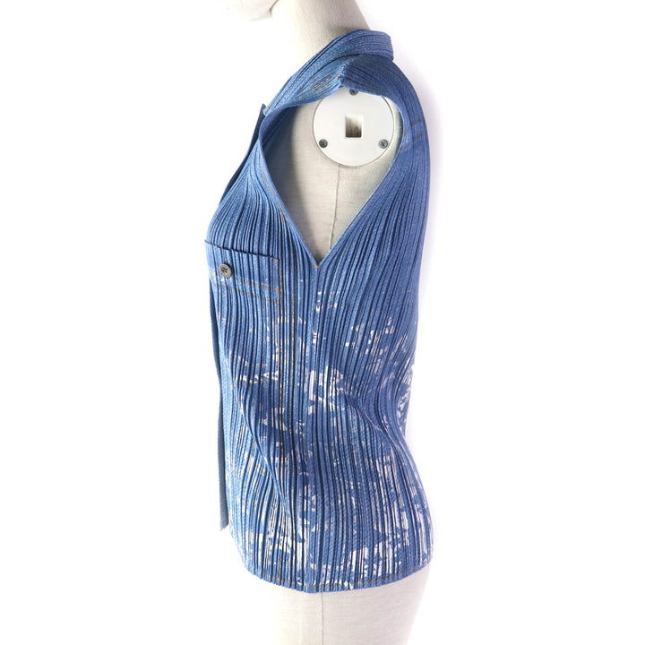 Discounted 
 Excellent PLEATS PLEASE T-shirt Sleeveless shirt with denim transfer and logo button blue polyester Women 3 PP22-JE814