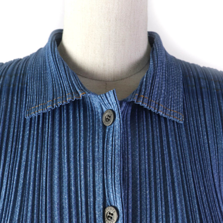 Excellent PLEATS PLEASE T-shirt Sleeveless shirt with denim transfer and logo button blue polyester Women 3 PP22-JE814