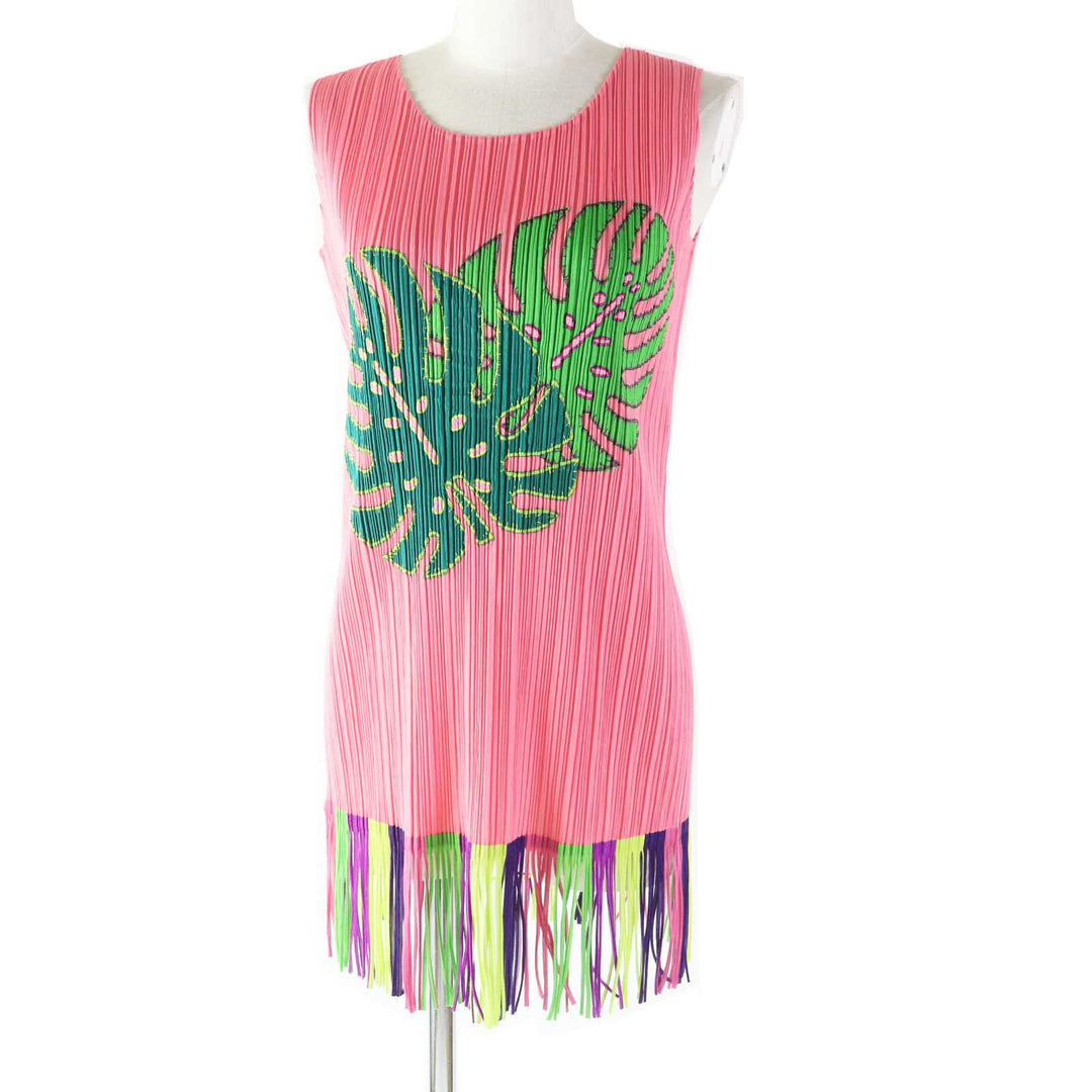 Excellent PLEATS PLEASE T-shirt Monstera patch fringed sleeveless top pink 3