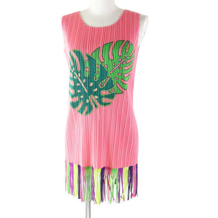 Excellent PLEATS PLEASE T-shirt Monstera patch fringed sleeveless top pink 3