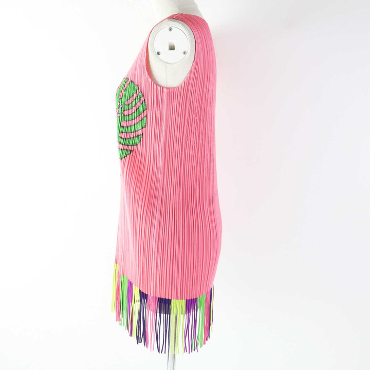 Excellent PLEATS PLEASE T-shirt Monstera patch fringed sleeveless top pink 3