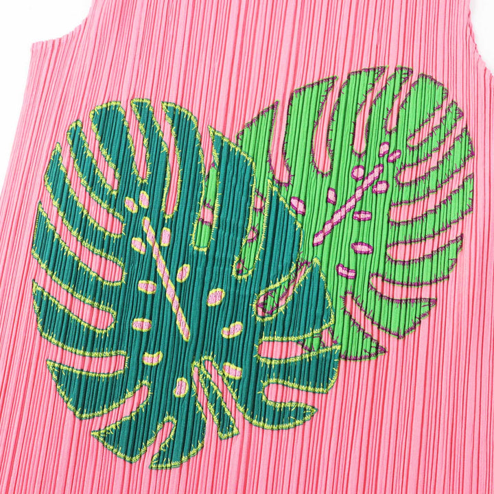 Discounted Excellent PLEATS PLEASE T-shirt Monstera patch fringed sleeveless top pink 3