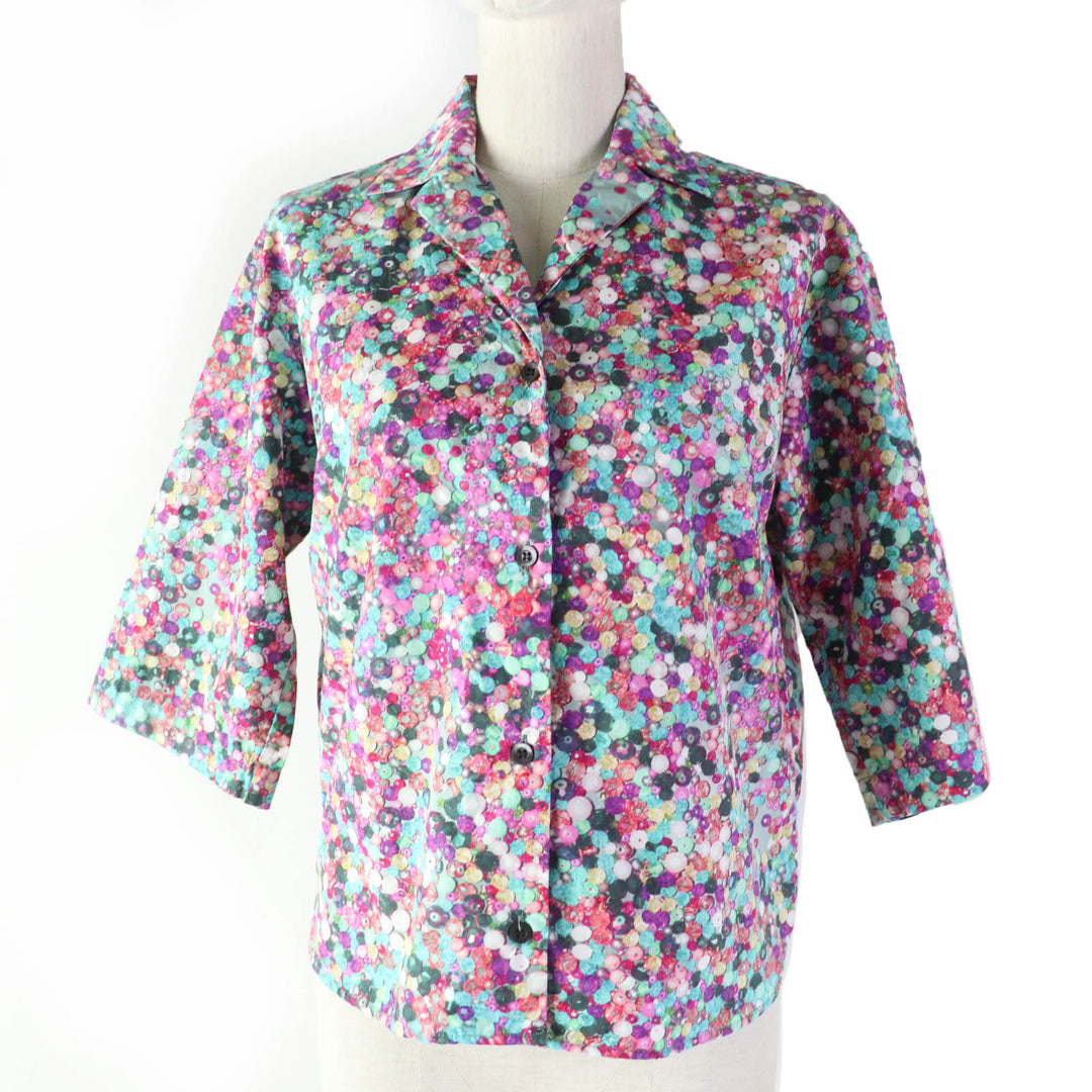 Excellent DRIES VAN NOTEN blouse Bead print open collar shirt multicolor cotton Women 34