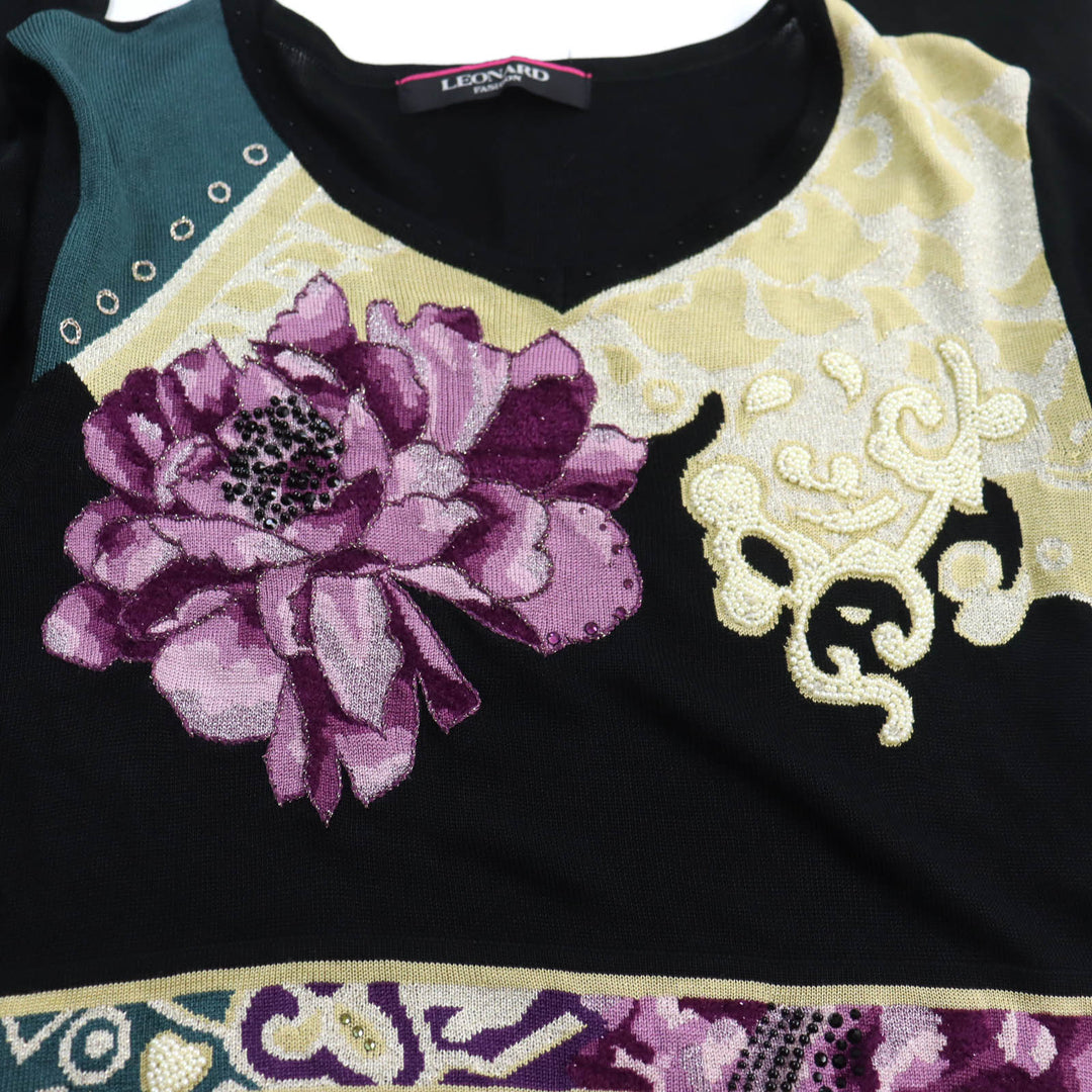 Excellent LEONARD FASHION Tunic Beaded logo embroidered, 3/4 length knit L