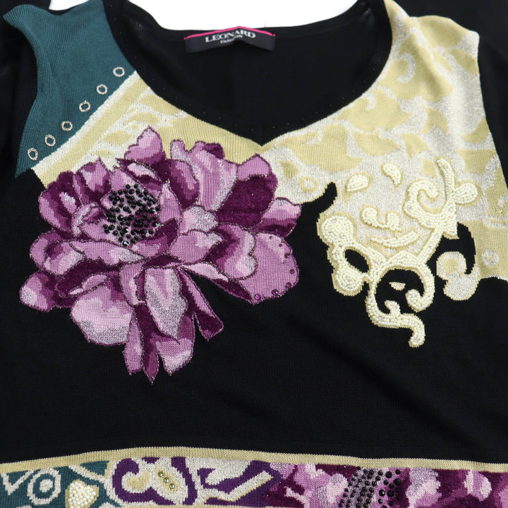 Excellent LEONARD FASHION Tunic Beaded logo embroidered, 3/4 length knit L