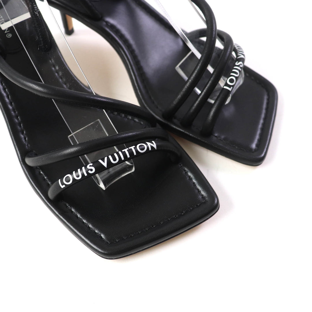 Discounted Excellent LOUIS VUITTON Sandals Icon Logo Square Toe Strap Leather black leather