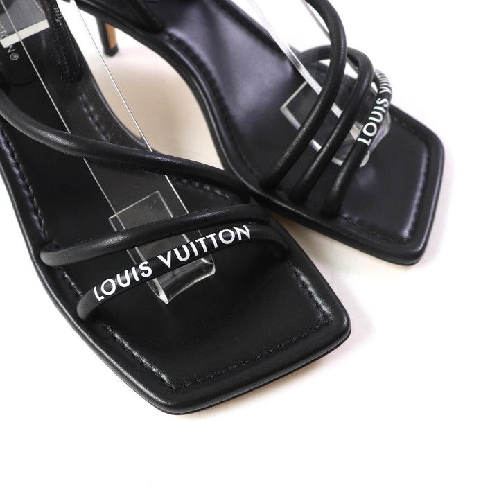 Discounted Excellent LOUIS VUITTON Sandals Icon Logo Square Toe Strap Leather black leather