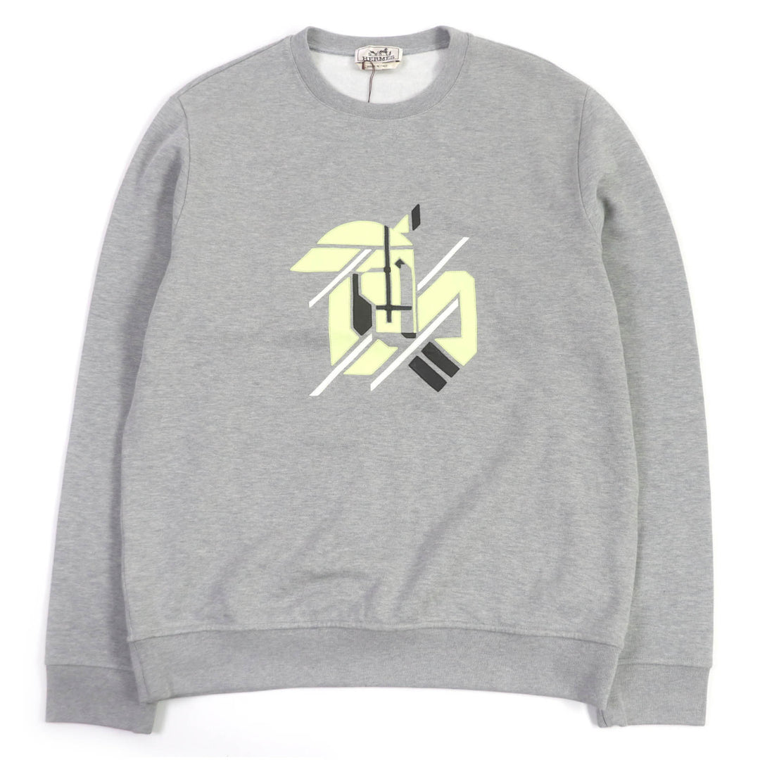Pristine HERMES sweat Chevaux en symmetry Lamb LeatherPatch Sweatshirt gray cotton mens L
