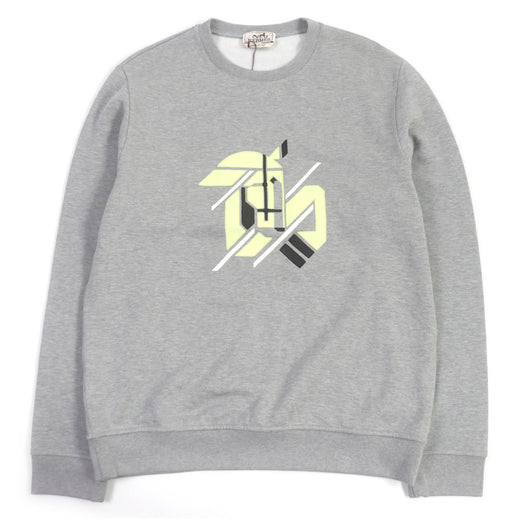Pristine HERMES sweat Chevaux en symmetry Lamb LeatherPatch Sweatshirt gray cotton mens L