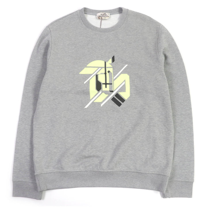 Pristine HERMES sweat Chevaux en symmetry Lamb LeatherPatch Sweatshirt gray cotton mens L