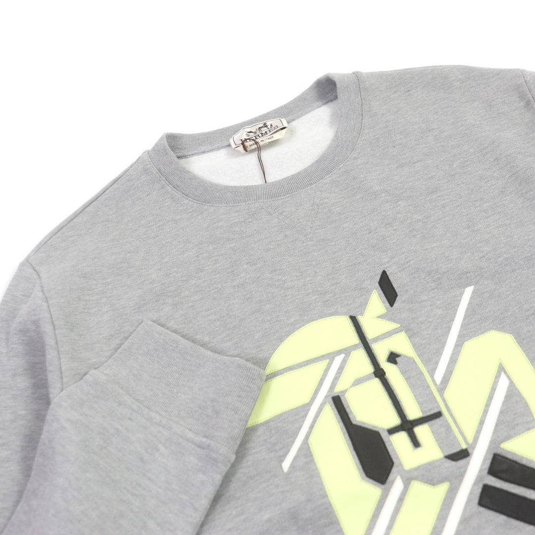 Pristine HERMES sweat Chevaux en symmetry Lamb LeatherPatch Sweatshirt gray cotton mens L