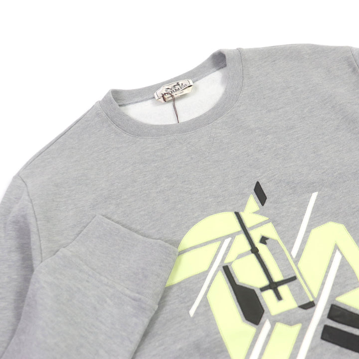 Pristine HERMES sweat Chevaux en symmetry Lamb LeatherPatch Sweatshirt gray cotton mens L
