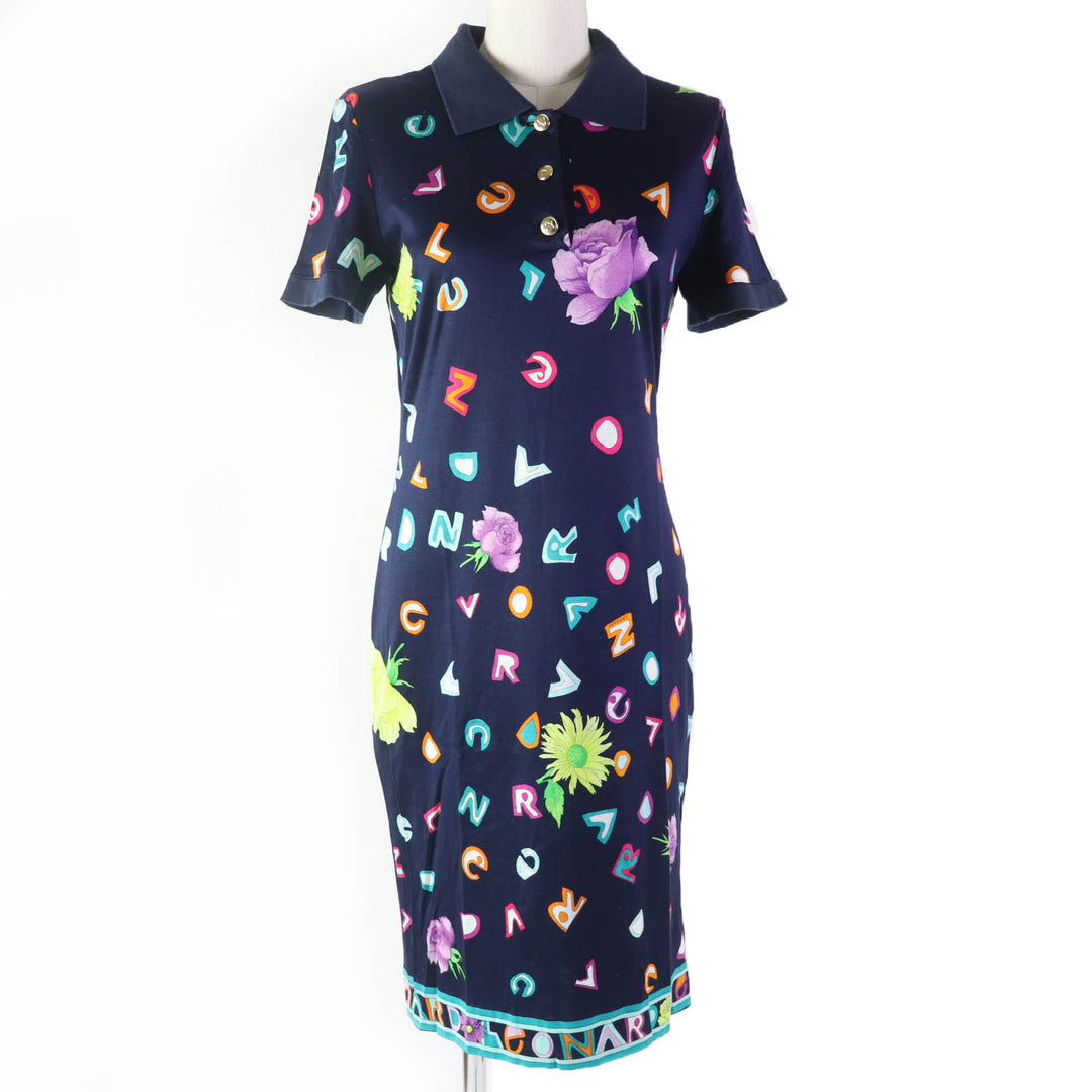 Great LEONARD FASHION one piece Logo and floral design short sleeves Navy cotton Women M 0330120
