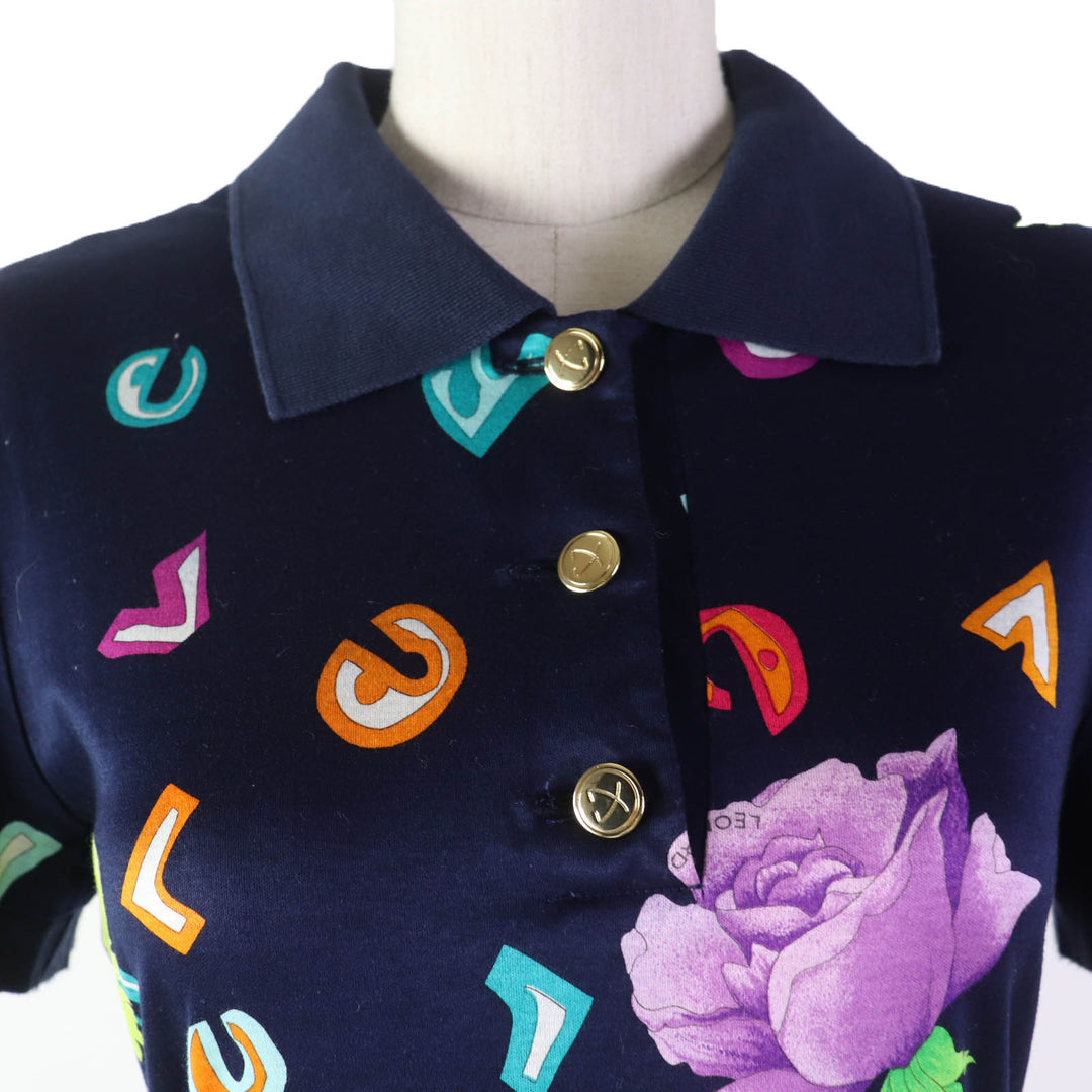 Great LEONARD FASHION one piece Logo and floral design short sleeves Navy cotton Women M 0330120