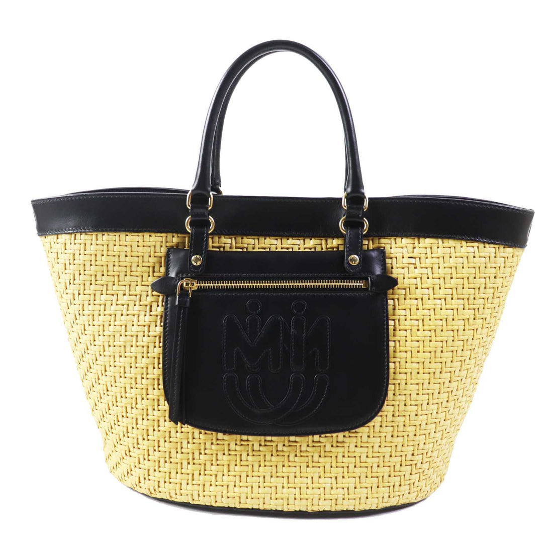 Excellent MIUMIU Leather Straw 2WAY Shoulder Basket Bag Natural black leather