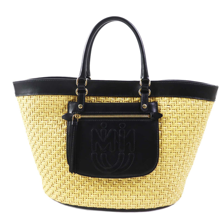 Excellent MIUMIU Leather Straw 2WAY Shoulder Basket Bag Natural black leather