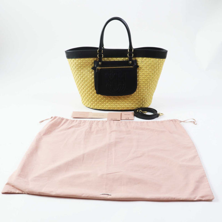 Excellent MIUMIU Leather Straw 2WAY Shoulder Basket Bag Natural black leather