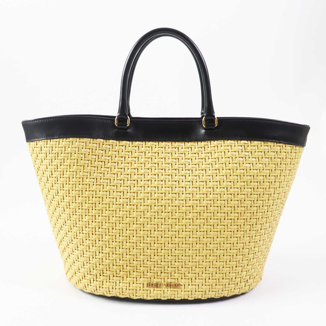 Excellent MIUMIU Leather Straw 2WAY Shoulder Basket Bag Natural black leather
