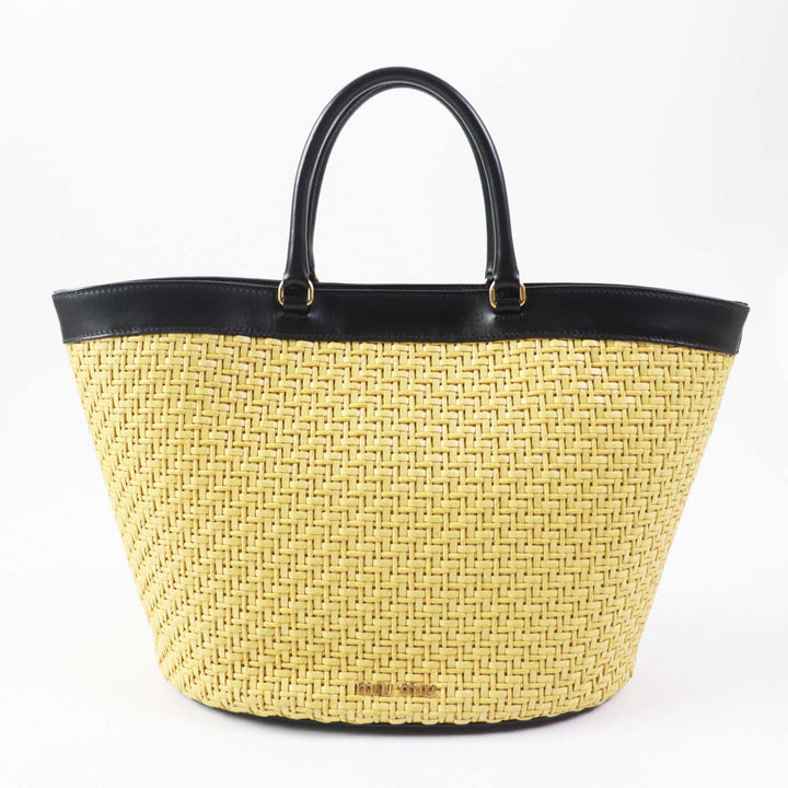 Excellent MIUMIU Leather Straw 2WAY Shoulder Basket Bag Natural black leather
