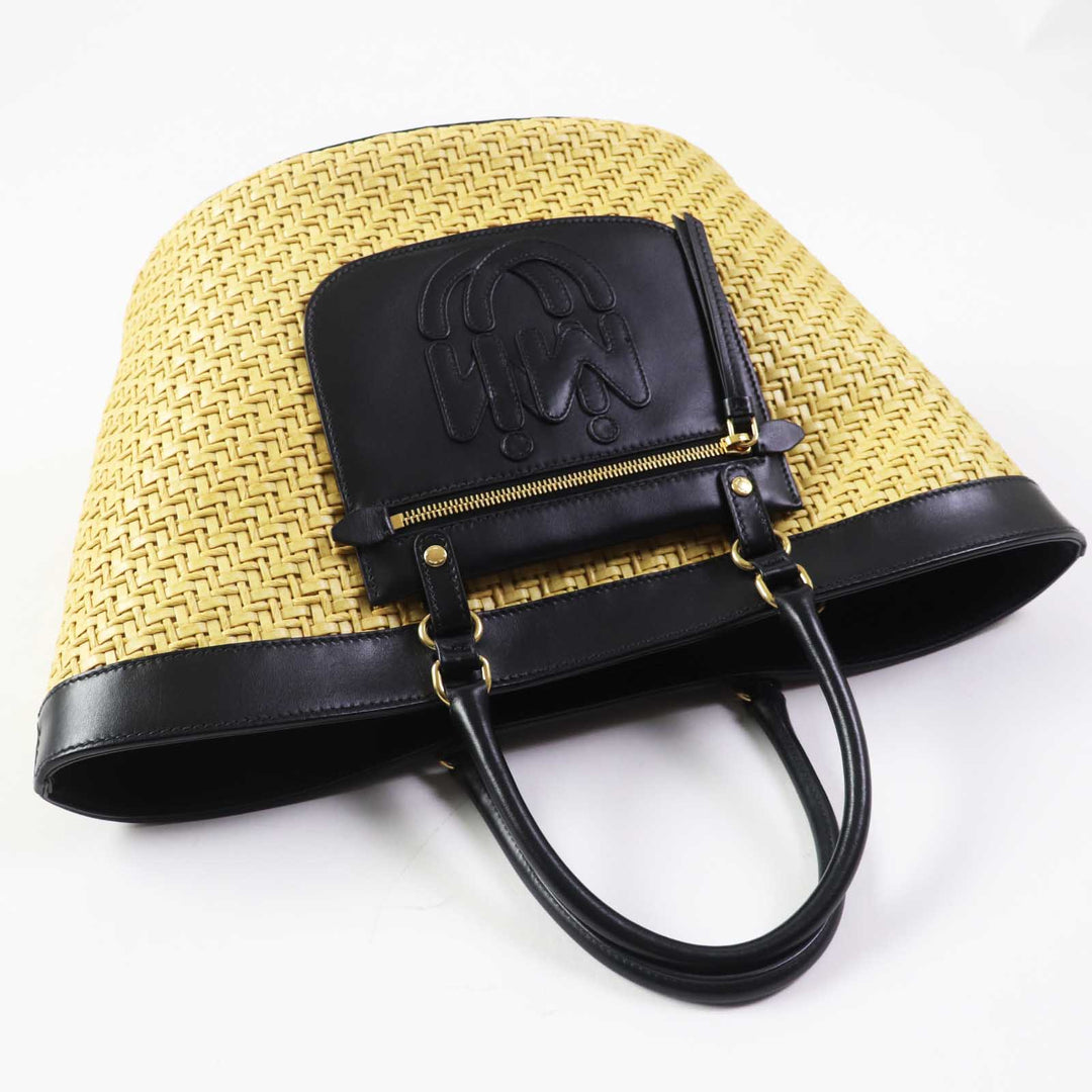 Excellent MIUMIU Leather Straw 2WAY Shoulder Basket Bag Natural black leather