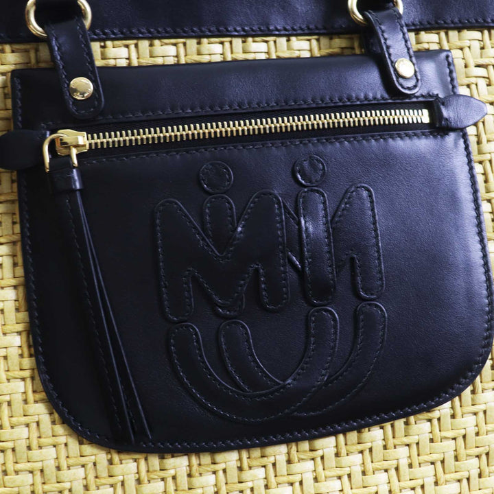 Excellent MIUMIU Leather Straw 2WAY Shoulder Basket Bag Natural black leather