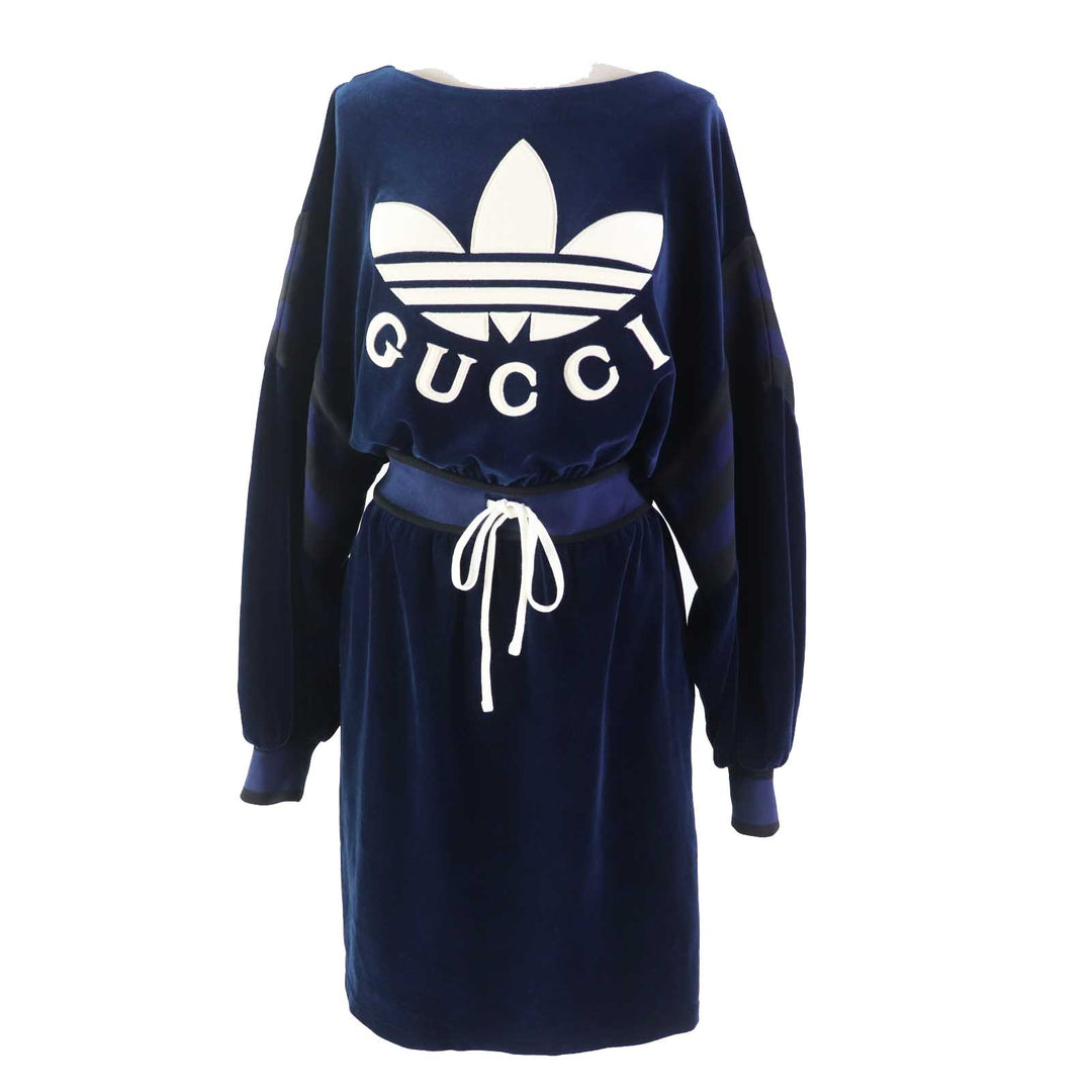 Pristine GUCCI×adidas one piece Trefoil embroidered chenille dress Navy Women S 695679