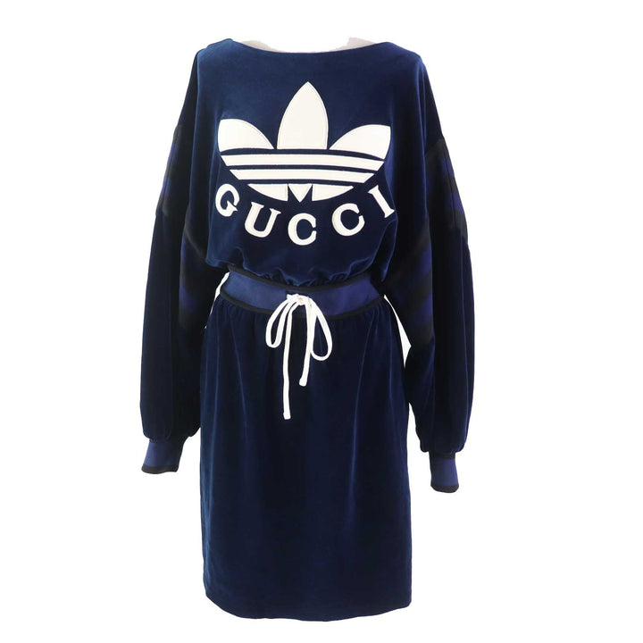 Pristine GUCCI×adidas one piece Trefoil embroidered chenille dress Navy Women S 695679