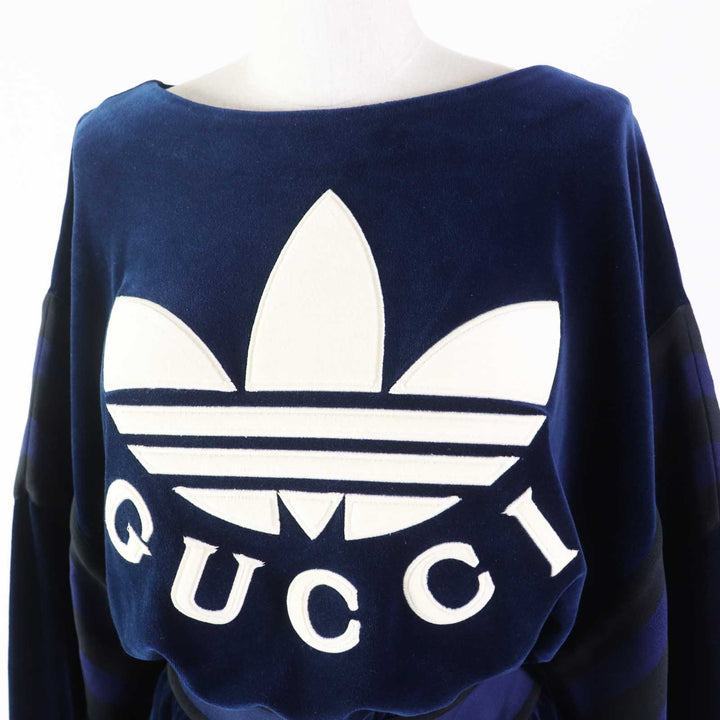 Pristine GUCCI×adidas one piece Trefoil embroidered chenille dress Navy Women S 695679