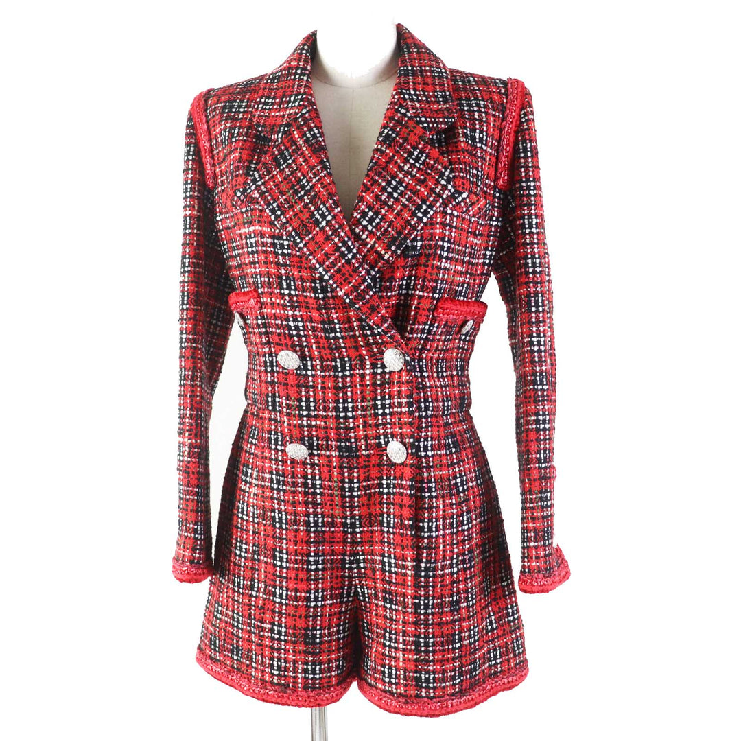 CHANEL COCO Mark buttoned tweed jumpsuit Red black silk Women 34 20S P64165