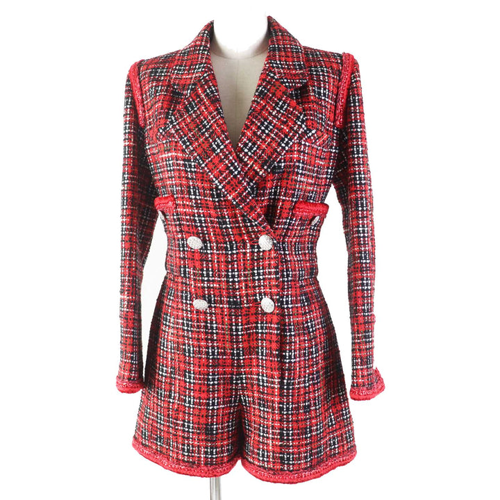CHANEL COCO Mark buttoned tweed jumpsuit Red black silk Women 34 20S P64165