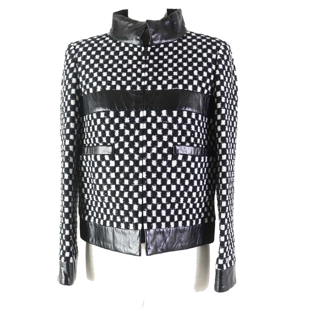 CHANEL Jacket Leather Sequin Checkered Tweed Black White Nylon Women 34 P57185