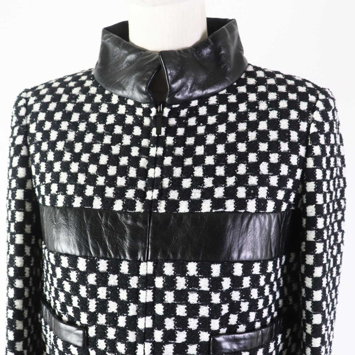 CHANEL Jacket Leather Sequin Checkered Tweed Black White Nylon Women 34 P57185