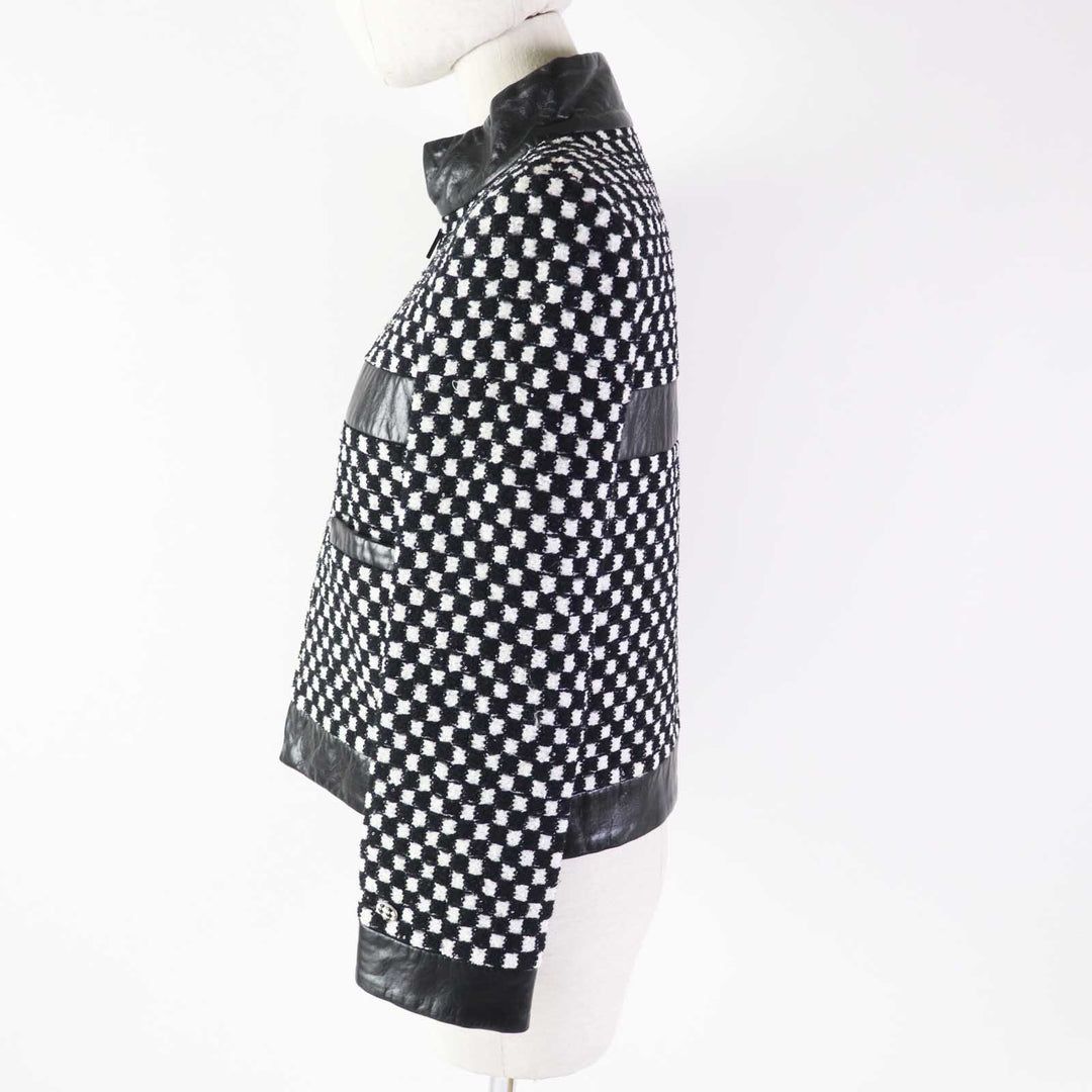 CHANEL Jacket Leather Sequin Checkered Tweed Black White Nylon Women 34 P57185