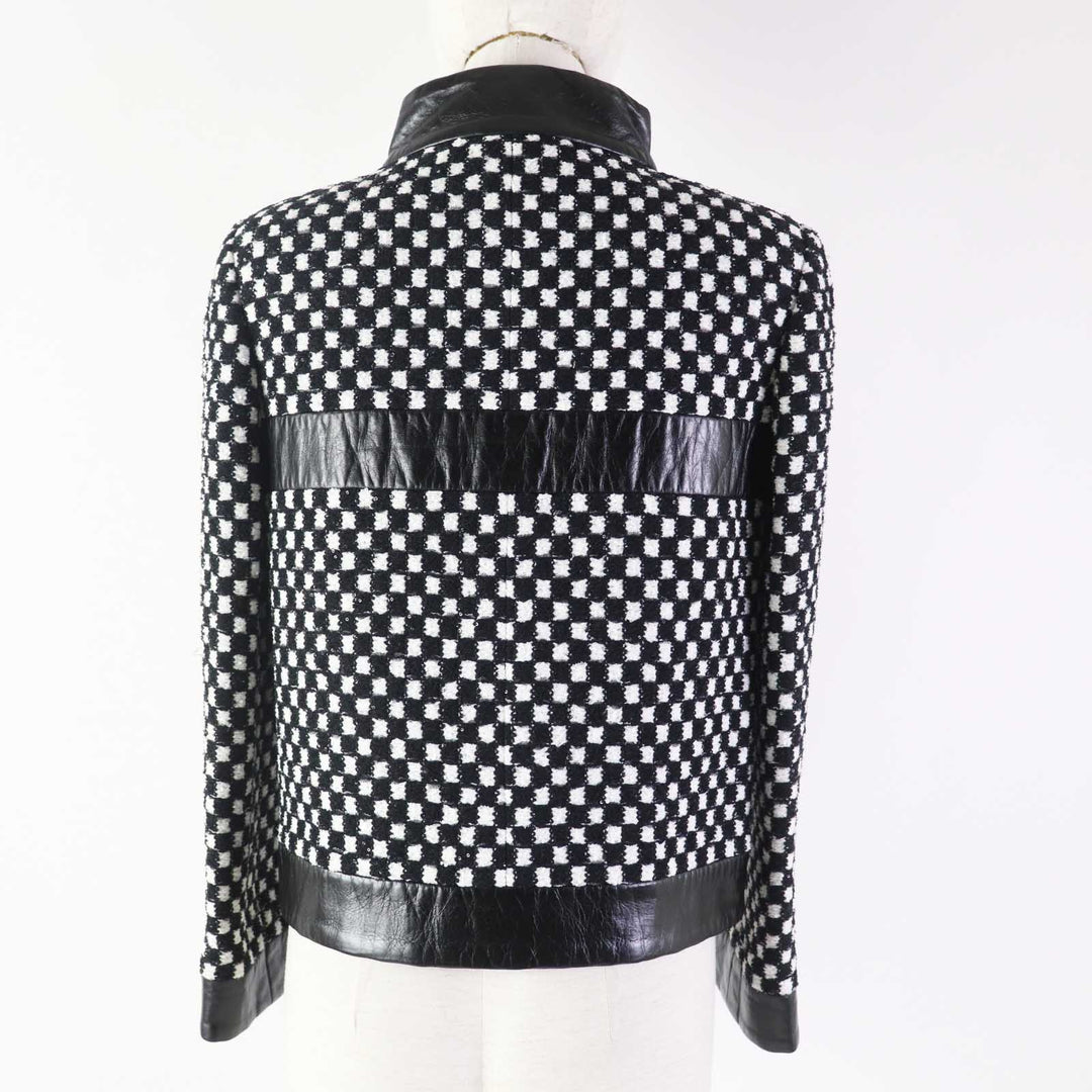 CHANEL Jacket Leather Sequin Checkered Tweed Black White Nylon Women 34 P57185