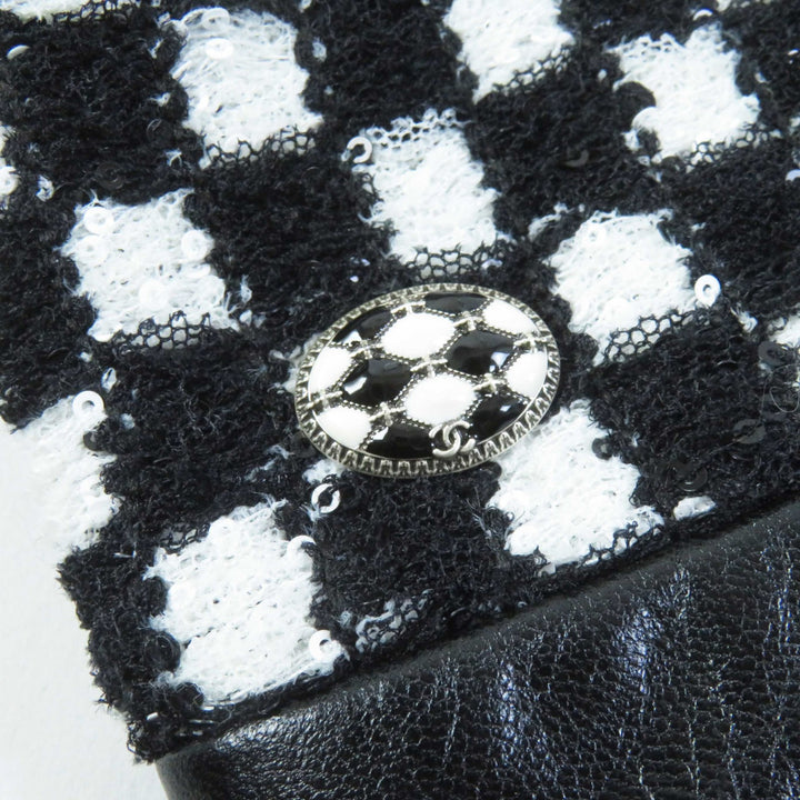 CHANEL Jacket Leather Sequin Checkered Tweed Black White Nylon Women 34 P57185