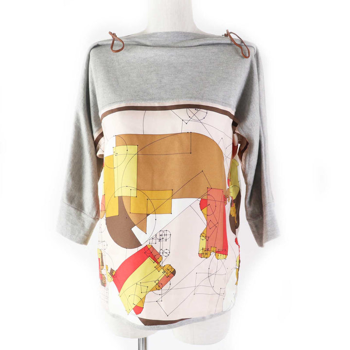 Great HERMES T-shirt ECHEC AU ROI Checkmate twill laine Gray multi silk Women 34