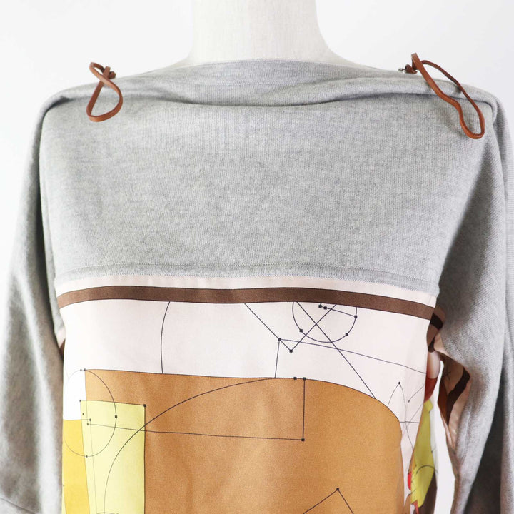Great HERMES T-shirt ECHEC AU ROI Checkmate twill laine Gray multi silk Women 34