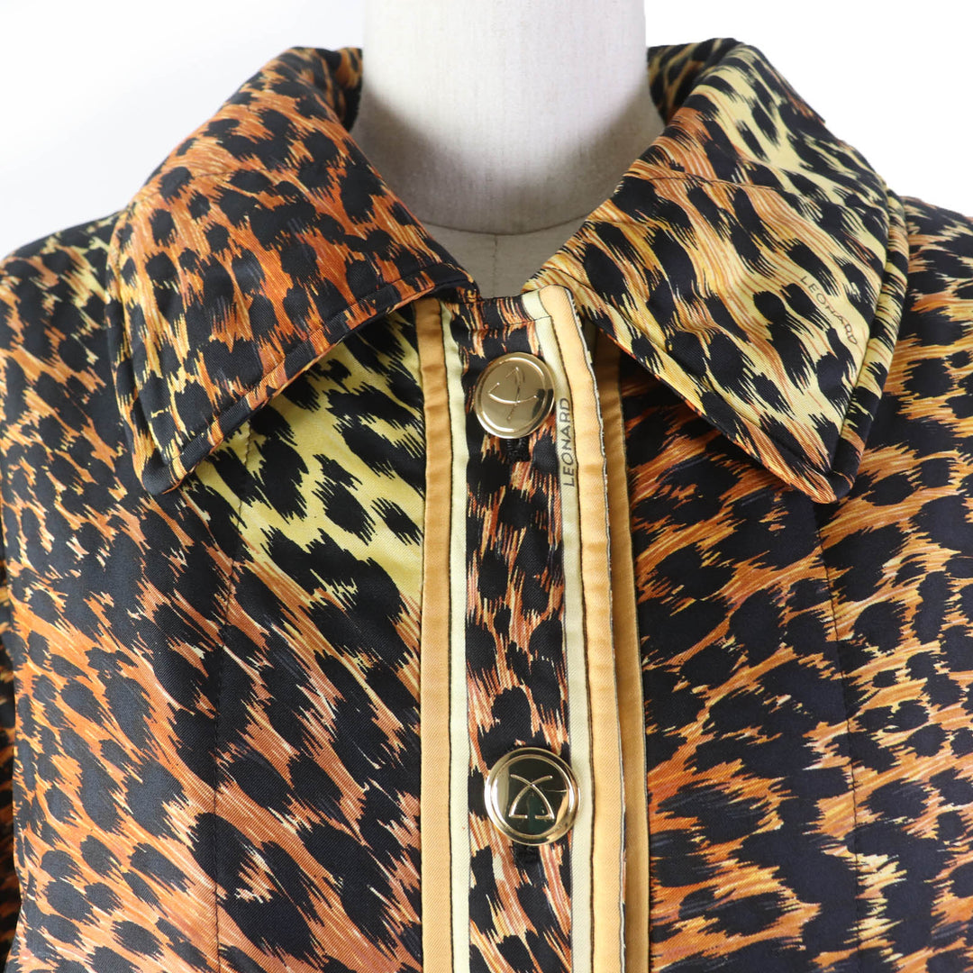Great LEONARD FASHION coat Leopard Pattern Padded Brown silk Women 0328451